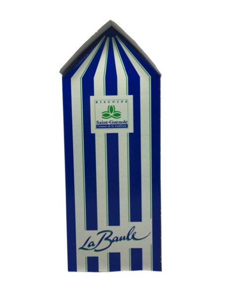 Produit : Boite de galettes bretonnes, décor cabine de plage, marque « Biscuiterie Saint Guénolé »