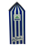 Produit : Boite de galettes bretonnes, décor cabine de plage, marque « Biscuiterie Saint Guénolé »